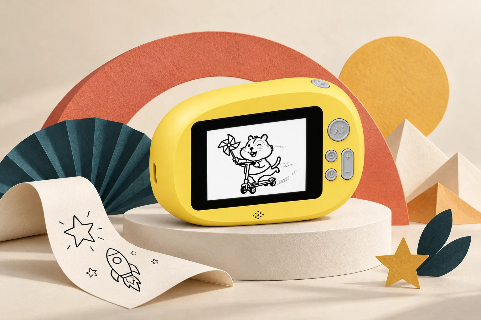 Yellow PicTalkoo printer in a sculptural paper studio with a coral arch, blue folded fan and illustrated paper ribbon