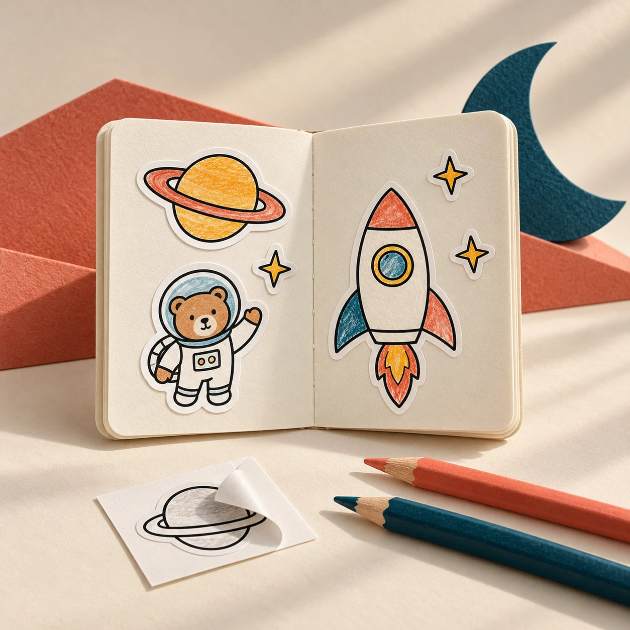 A handmade space story book with hand-colored rocket, planet and astronaut stickers