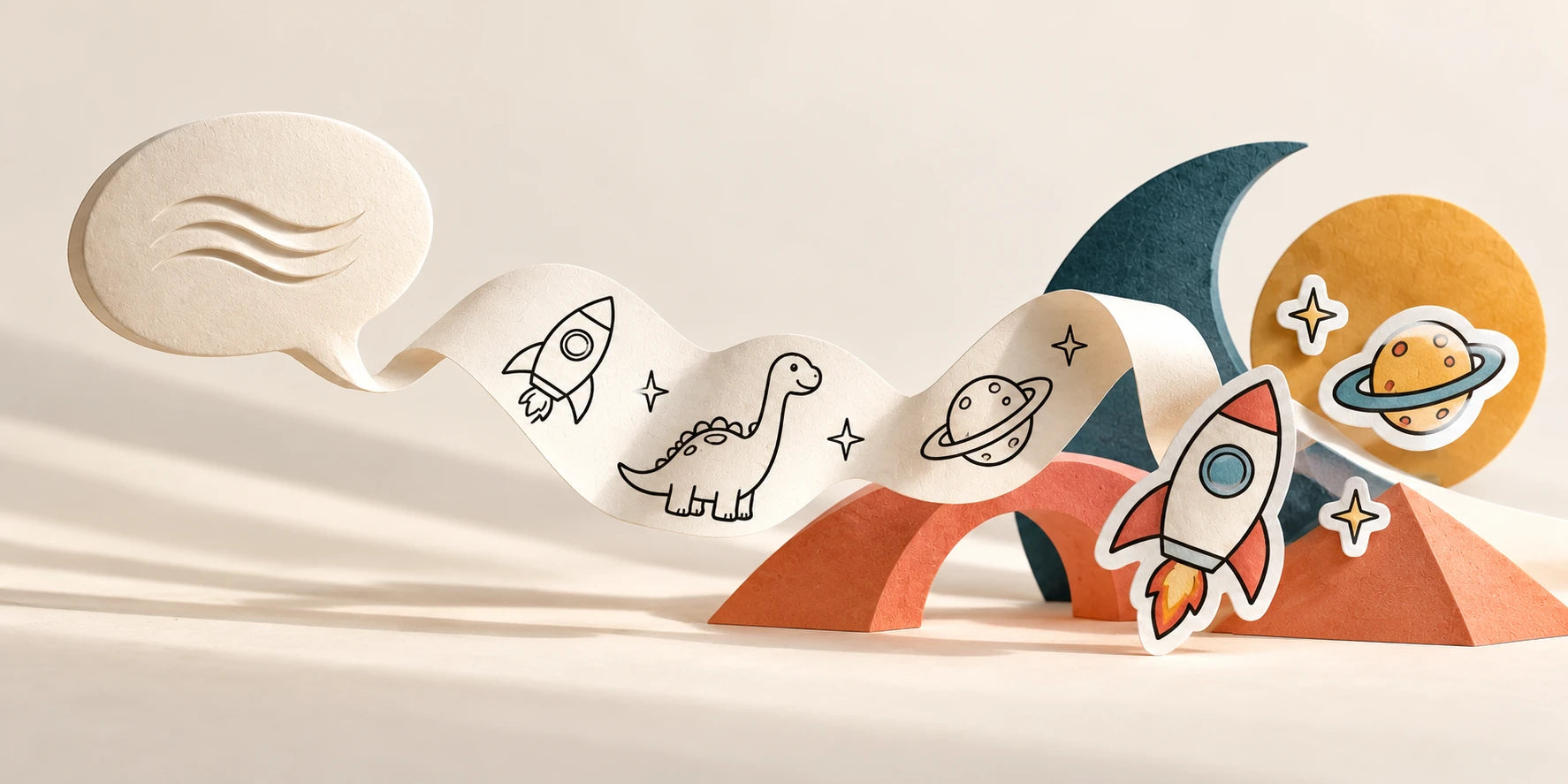 A sculptural speech bubble becomes a paper print with rocket, planet and dinosaur drawings and hand-colored stickers