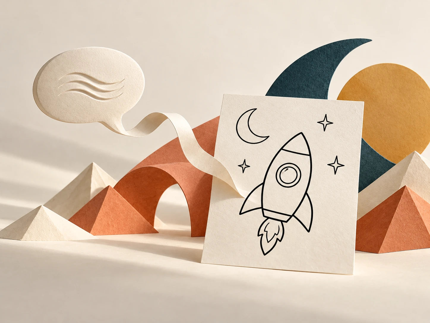 A speech bubble becomes a black-outline rocket picture