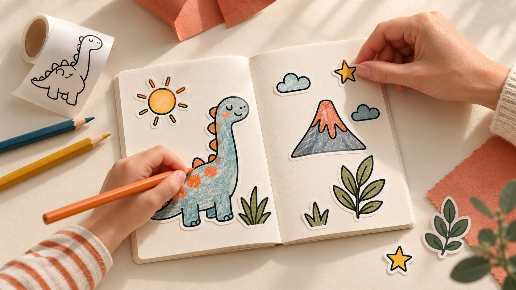 A parent and child coloring printed dinosaur stickers and arranging a story book together