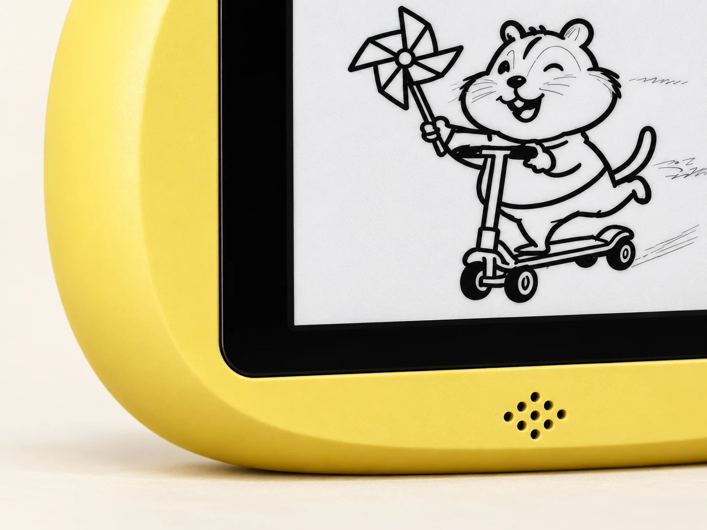 Close-up of the illustrated screen, black bezel and yellow casing